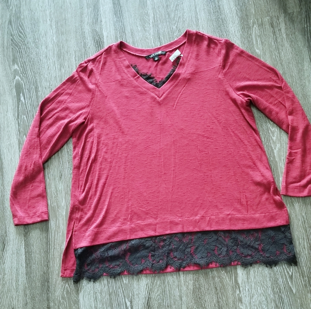 NEW..Zac & Rachel red lace hem long Sleeve tunic tee top Blouse Size XL
